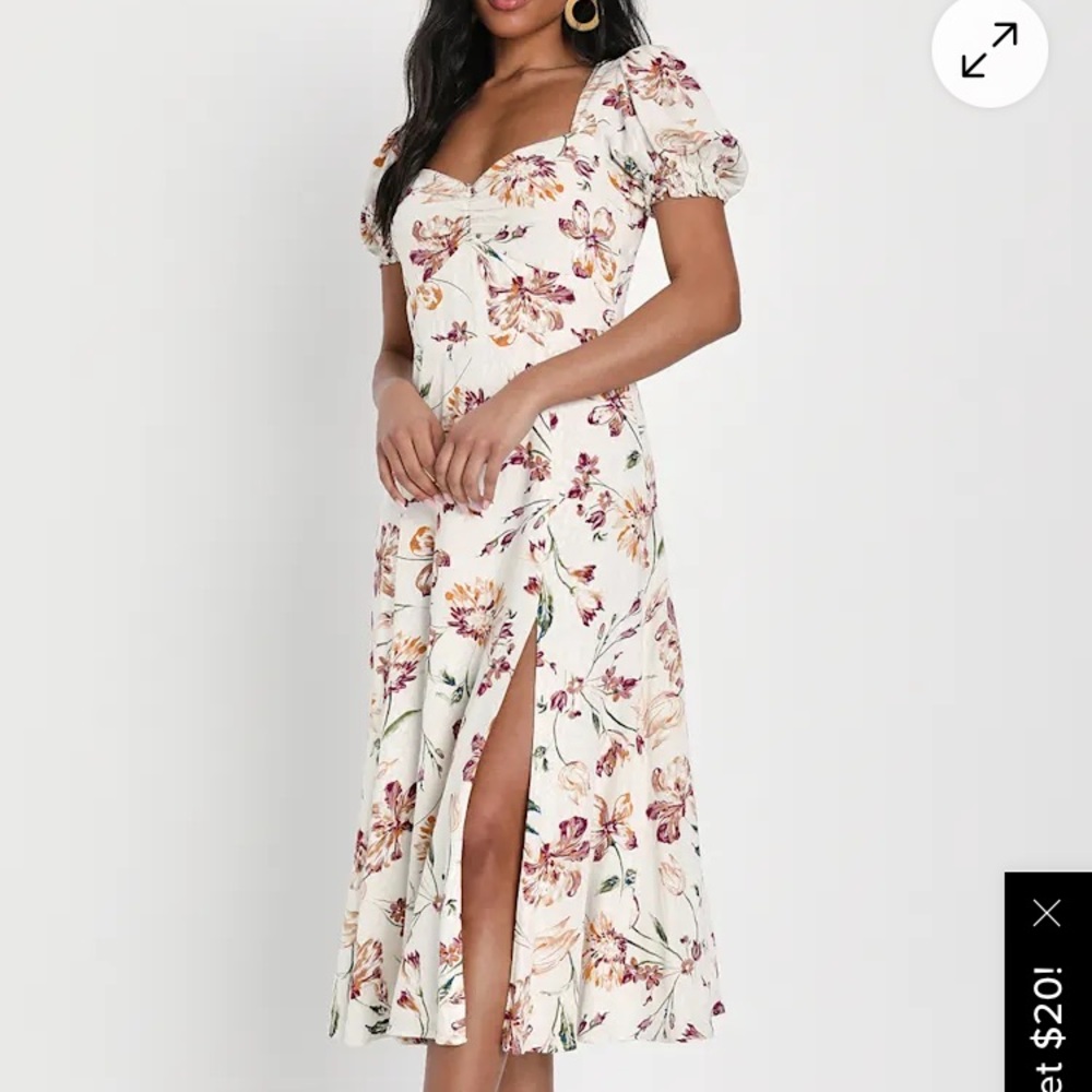 Lulu's XL Cream Floral Midi Dress With Slit-Pink & Brown Blossoms-Cottagecore - Picture 10 of 11